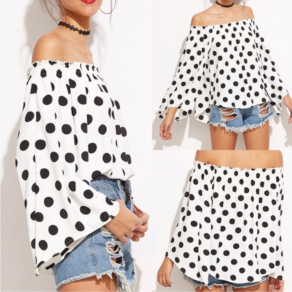 Black Polka dot off shoulder loose fit blouse - Picture 3 of 8